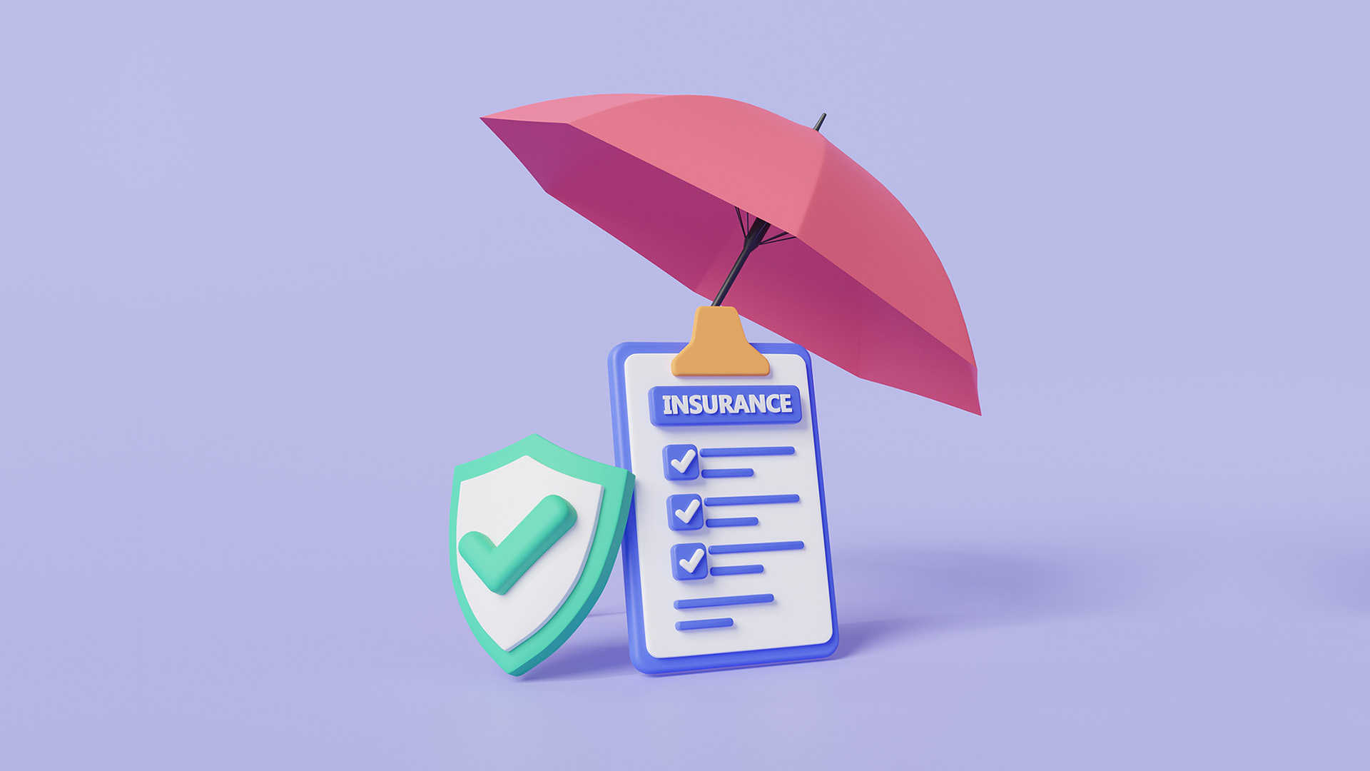 Graphic of a happy insurance clipboard protected by shield and umbrella