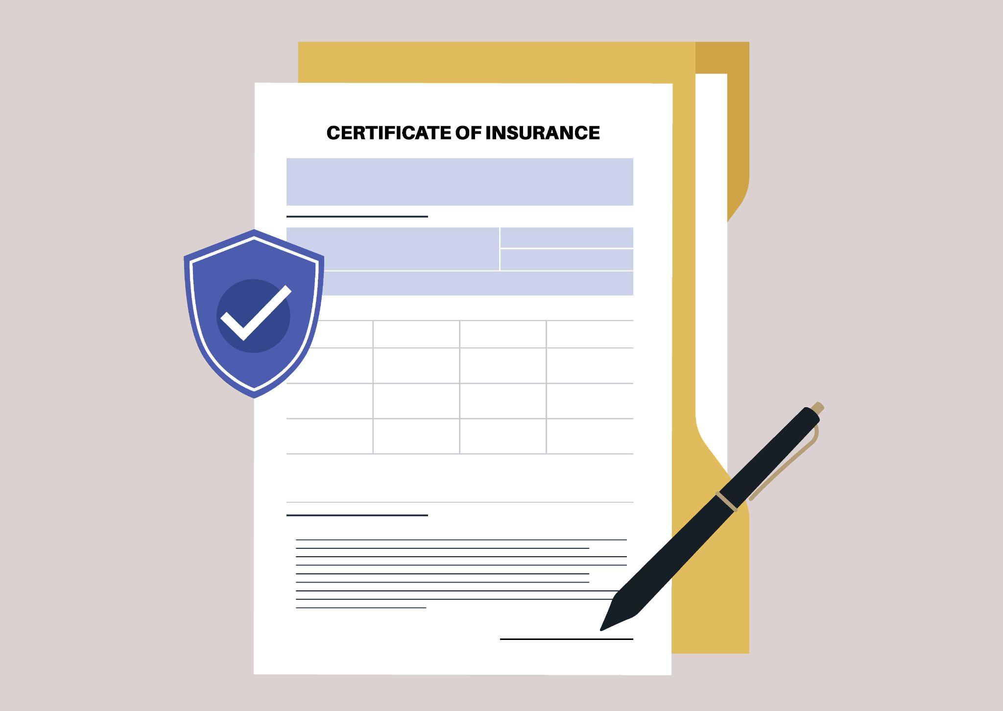 Certificate of insurance document with a shield checkmark icon and pen, representing verified coverage issued by an insurer or broker.